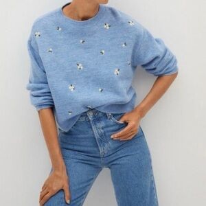 Mango Embroidered Flower Knit Sweater Blue Size Large